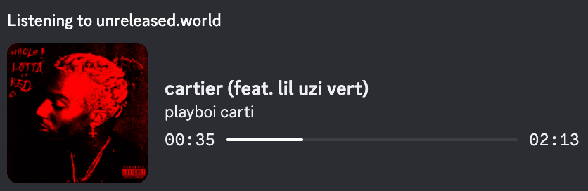 A Discord profile showing Listening to unreleased.world: cartier (feat. lil uzi vert) by playboi carti, 0:35 of 2:13